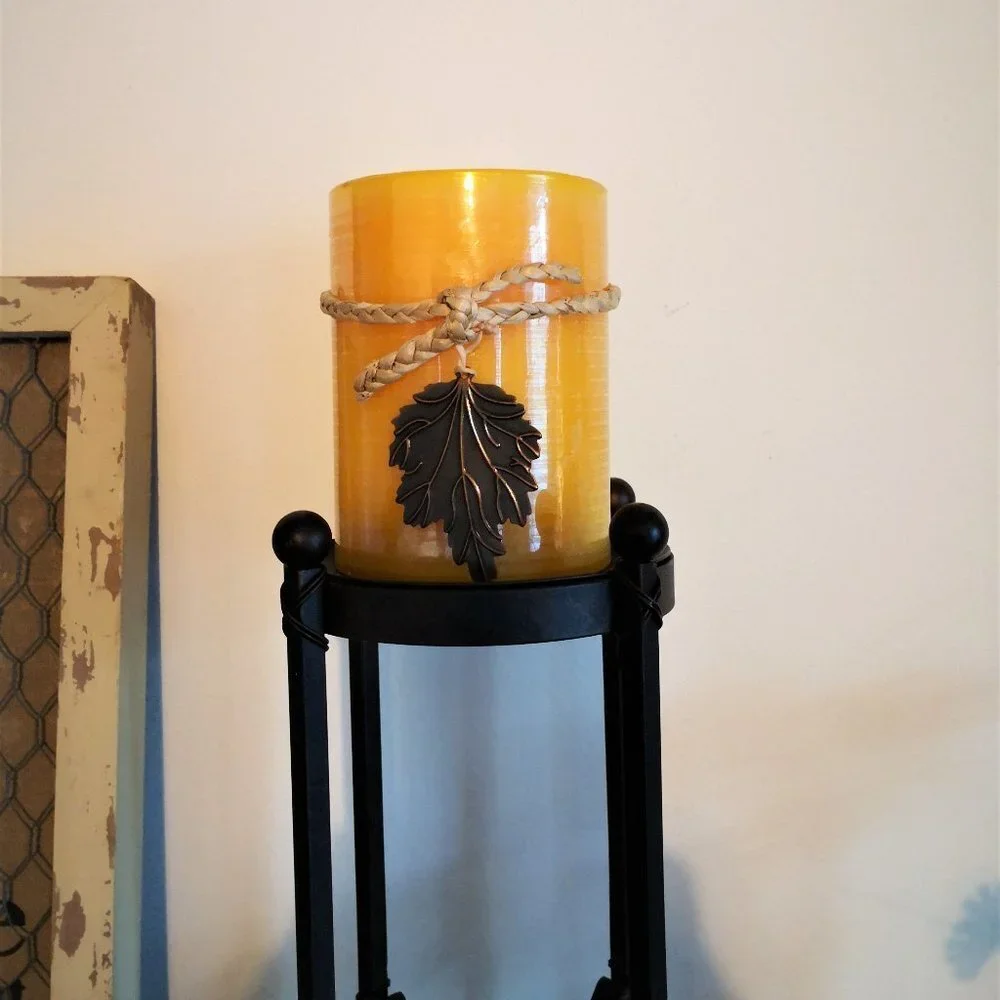 Pier 1 Antique Bronze Candle Holder And Autumn Leaves Pilar Candle